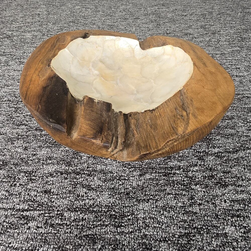 Handcrafted Teak Wood Bowl Mother of Pearl Inlay 12" Decorative Centerpiece Bali